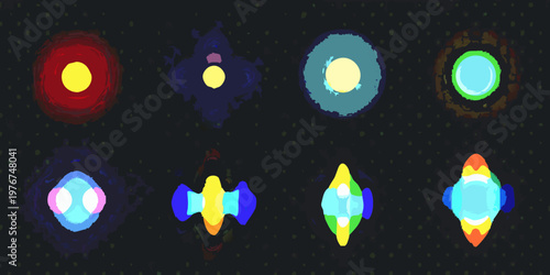 Colorful abstract shapes resembling planets or celestial bodies on a dark background
