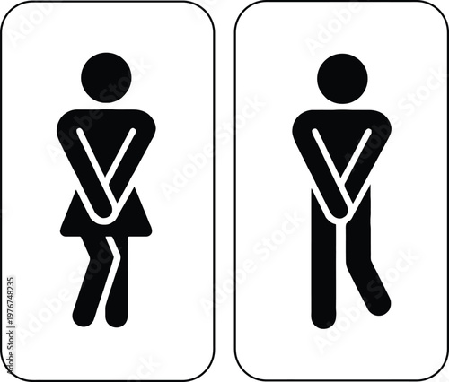 Funny Restroom Signage Male and Female Icons with Urgent Pee Pose Concept
