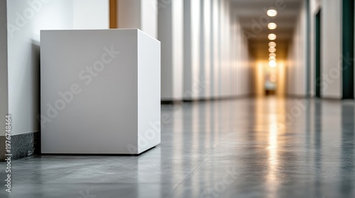 Minimalist white cube in an office hallway with blurred background, modern design