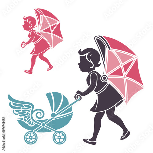 A stylish woman and a young girl in fashionable dresses hold a pink umbrella while posing as models in the rain to showcase autumn weather and beauty