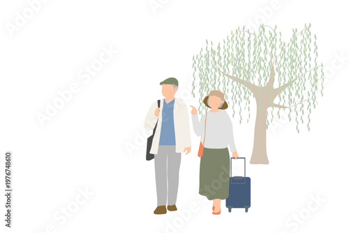 シニア夫婦の旅行・観光イラスト スーツケースを持って外出する高齢者の男女