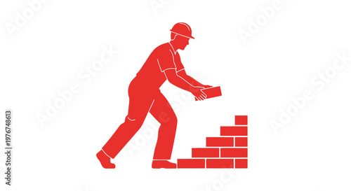 Construction worker building brick wall structure with red bricks and hard hat
