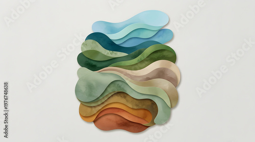 Organic layered abstract shape with colorful contour layers in green blue and earth tones, modern artistic design illustration