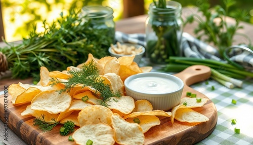 Crispy potato chips paired with creamy sour cream and fresh dill and chives, arranged on a wooden serving board with jars of herbs for a bright, rustic outdoor snack or appetizer.

