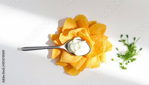 Golden potato chips arranged beside a spoonful of sour cream topped with chopped chives and a small bunch of fresh dill, styled as a clean, appetizing snack or party dip on a white backdrop.

