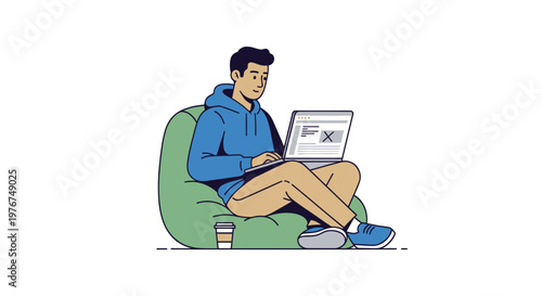 Man sitting on green bean bag chair working on laptop with coffee
