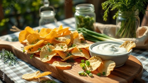 Crispy potato chips paired with creamy sour cream and fresh dill and chives, arranged on a wooden serving board with jars of herbs for a bright, rustic outdoor snack or appetizer.

