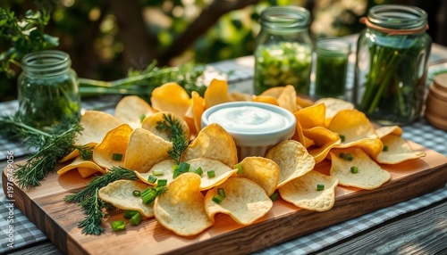 Crispy potato chips paired with creamy sour cream and fresh dill and chives, arranged on a wooden serving board with jars of herbs for a bright, rustic outdoor snack or appetizer.

