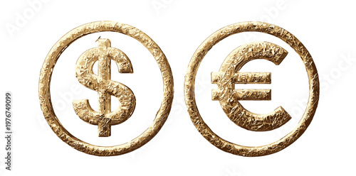 Golden textured dollar and euro currency symbols inside circles isolated on white background, representing global finance and international trade.