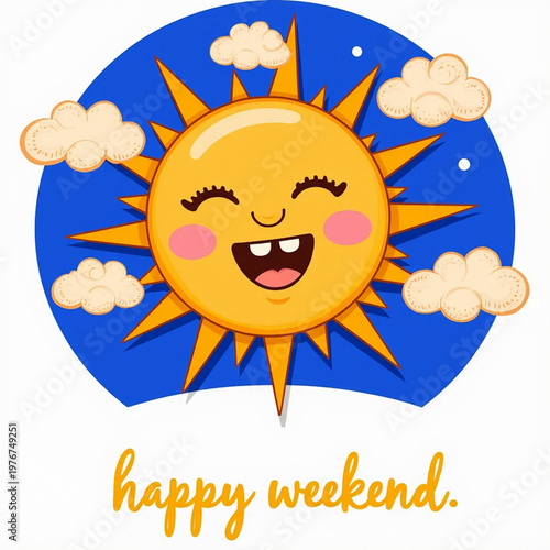 Happy Weekend Greeting with Cheerful Cartoon Sun Vector