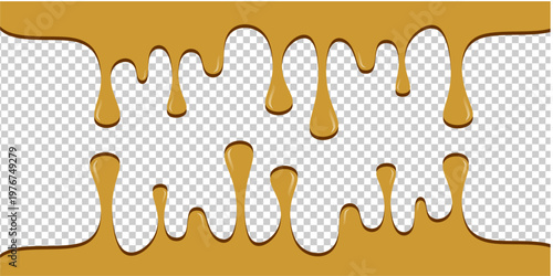 Hot chocolate drip illustration. Melting chocolate on transparent background. Drippy ice cream vector design. Wavy choco melt border. Brown chocolate drips illustration.