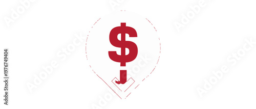 Minimalist red dollar symbol with a descending arrow inside a location marker, symbolizing economic decline, price reduction, and financial crisis.