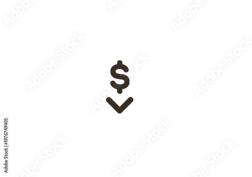 Minimalist black dollar sign icon with a downward arrow below it representing price drop, financial loss, or economic recession on white background.