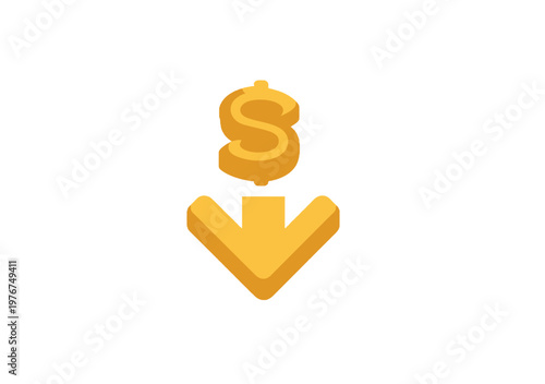 3D isometric golden dollar symbol and a down arrow indicating price drop, currency devaluation, or cost reduction for business and finance.