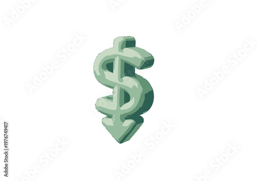 Three-dimensional green dollar sign merging into a downward pointing arrow isolated on white, symbolizing economic recession and falling currency value.