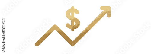 A golden financial growth chart featuring an upward arrow and a dollar sign symbol representing successful investment and economic prosperity.