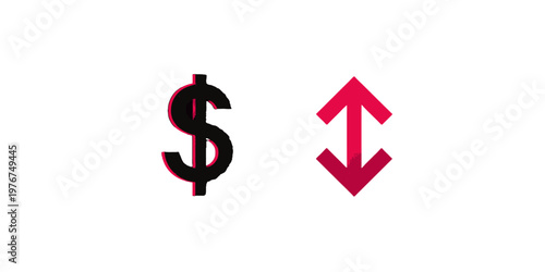 A black dollar sign symbol with red highlights positioned beside a double-headed arrow indicating financial market volatility and price changes.