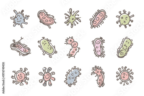 Collection of fifteen colorful hand-drawn cartoon bacteria and virus characters on a white background, perfect for educational or medical designs.