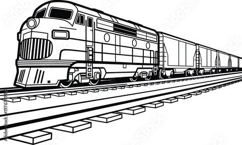 A detailed black and white line art illustration of a vintage diesel locomotive train traveling along railroad tracks.