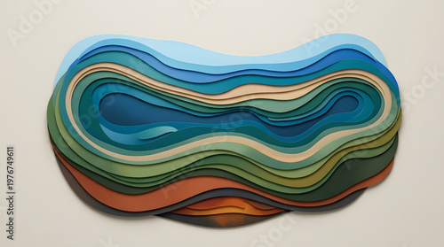 Layered abstract topographic design with flowing colorful contours in green blue and brown tones, modern creative background illustration