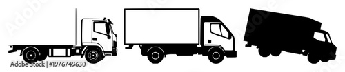Shipping truck set with solid black icon, white background silhouette featuring truck, shipping, icon with black and white and transportation and logistics