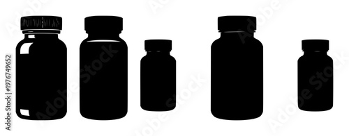 Vitamin supplement bottle icon set with solid black icon on white background featuring health, wellness, nutrition with bottle shape and label