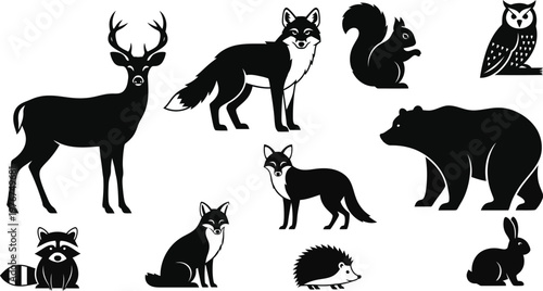 Black silhouette collection of forest animals deer fox bear and more