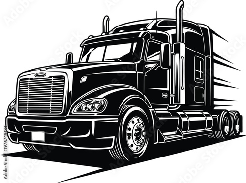 Black and white graphic illustration of a semi truck.