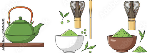 Matcha Tea Elements Set with Teapot Bamboo Whisk Green Powder Bowl and Traditional Japanese Beverage Accessories Flat Vector Illustration Collection