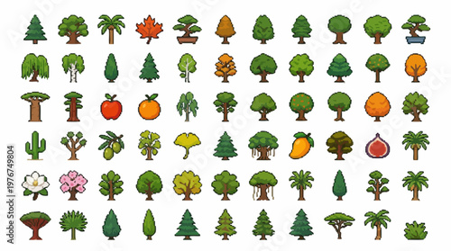 A diverse collection of 70 unique pixel art trees, including various species and stylized designs, perfect for game development and digital art projects