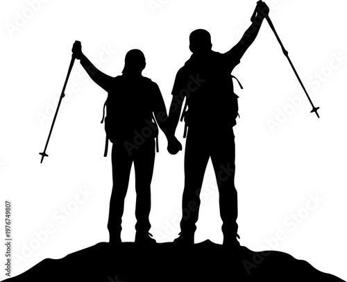 Male and female hiker couple standing on mountain peak