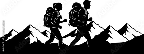 Male and female hiker couple standing on mountain peak