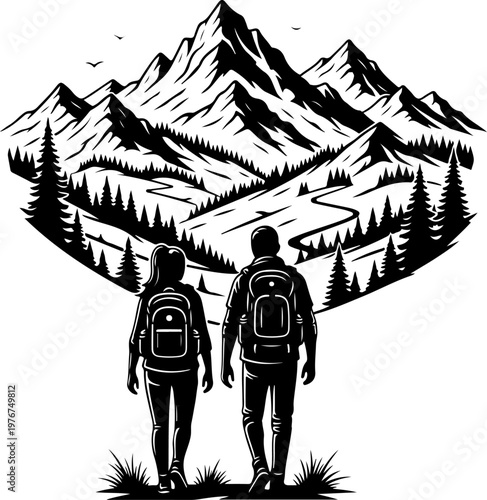 Male and female hiker couple standing on mountain peak