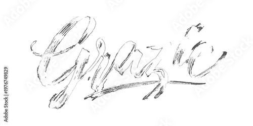 Artistic handwritten Italian word Grazie in a textured pencil sketch style with cursive lettering isolated on white for thank you messages.