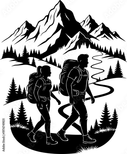 Male and female hiker couple standing on mountain peak