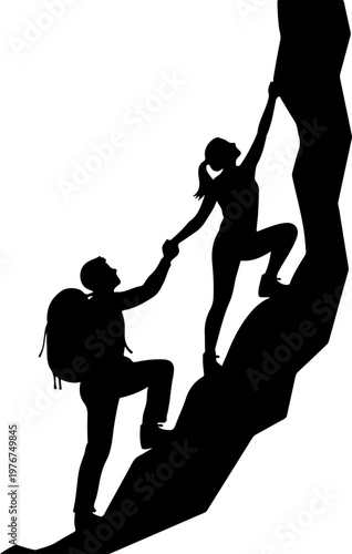 Male and female hiker couple standing on mountain peak