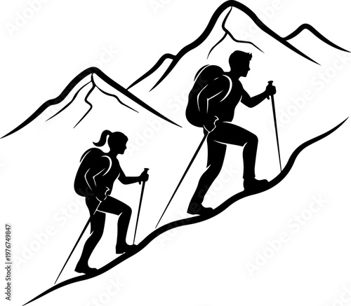Male and female hiker couple standing on mountain peak