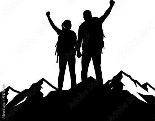 Male and female hiker couple standing on mountain peak