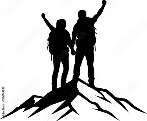 Male and female hiker couple standing on mountain peak