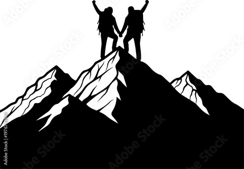 Male and female hiker couple standing on mountain peak