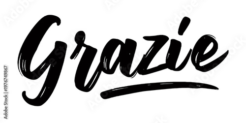 Hand-drawn Italian word Grazie written in black brush calligraphy script on a white background, symbolizing gratitude and appreciation.