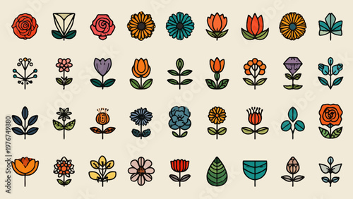 Diverse collection of stylized floral and plant icons, representing nature's beauty with a unique artistic flair