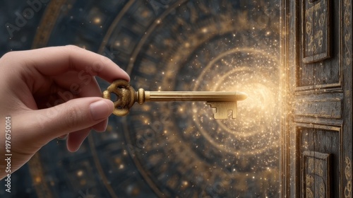 Hand Holding Golden Key About to Open a Mysterious Door Surrounded by Sparkles and Light Effects