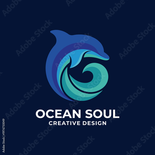 This logo showcases a stylized dolphin enveloped by waves, representing the fusion of creativity and oceanic beauty in design for a brand focused on marine themes.