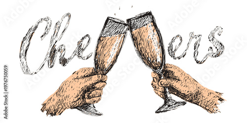 Artistic hand-drawn sketch of two hands toasting with champagne flutes featuring stylized Cheers lettering for celebration and holiday events.