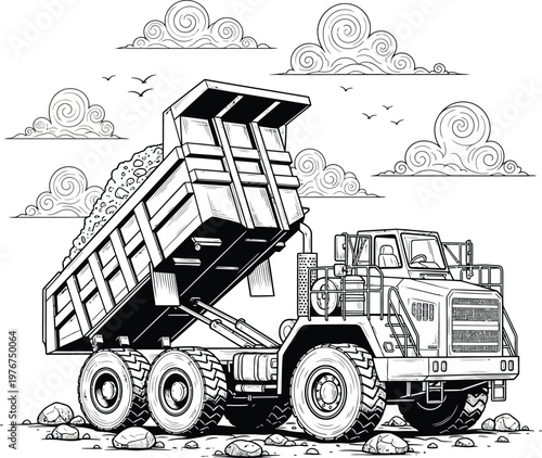 Black and white line art illustration of a heavy duty mining dump truck.