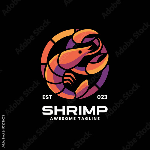 This lively shrimp logo brings the culinary world alive with its bold colors and shapes, perfect for a seafood brand looking to showcase freshness and flavor.