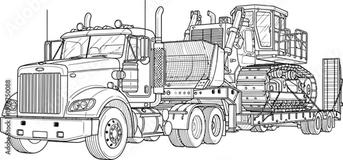 Black and white line art illustration of a heavy duty semi truck hauling a crawler excavator on a flatbed trailer.