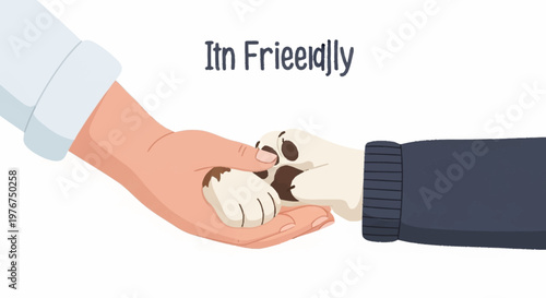 Human hand gently holding a dogs paw in a friendly gesture.
