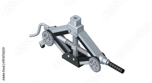 Isometric view of a mechanical scissor jack, silver and black, gear driven with a handle